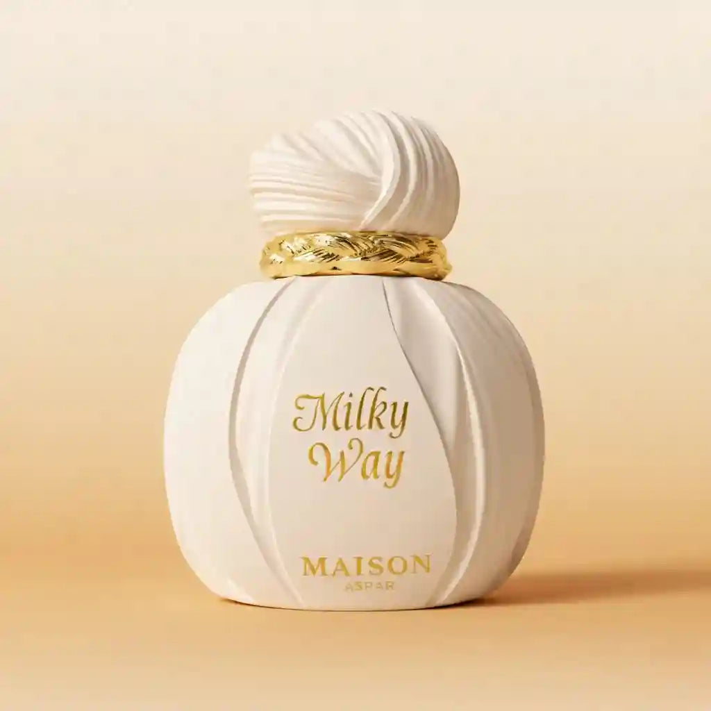 Maison Asrar Milky Way unisex perfume 100ml: white fluted bottle, milk, caramel, plum, vanilla & sandalwood scent.