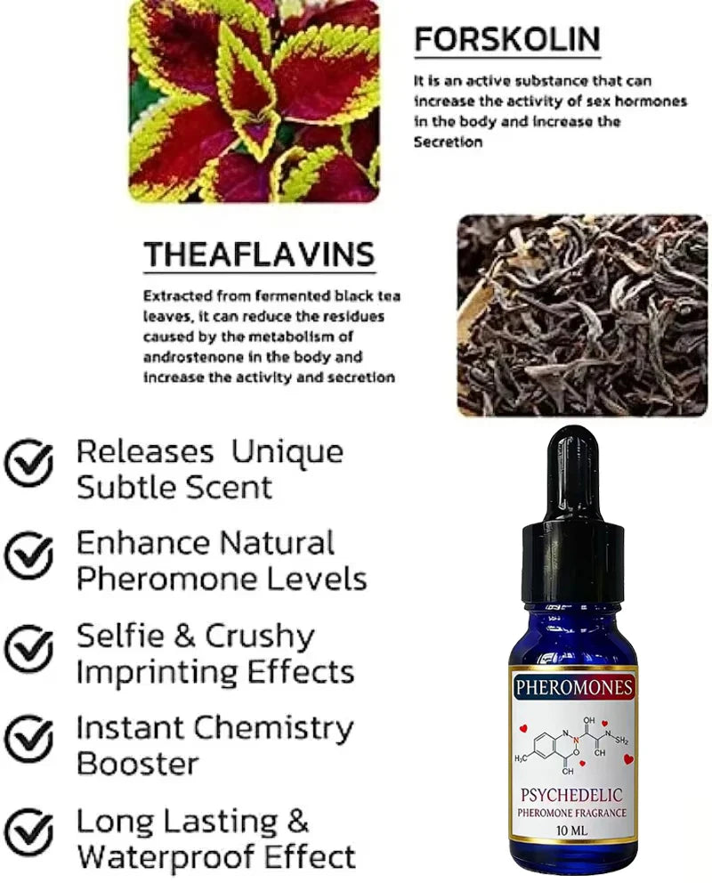 Psychedelic Pheromone fragrance oil for men in a blue dropper bottle. Long-lasting scent with forskolin and theaflavins.