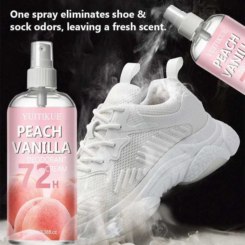 Tidesmit 72H long lasting peach vanilla deodorant spray for effective foot and shoe odor elimination