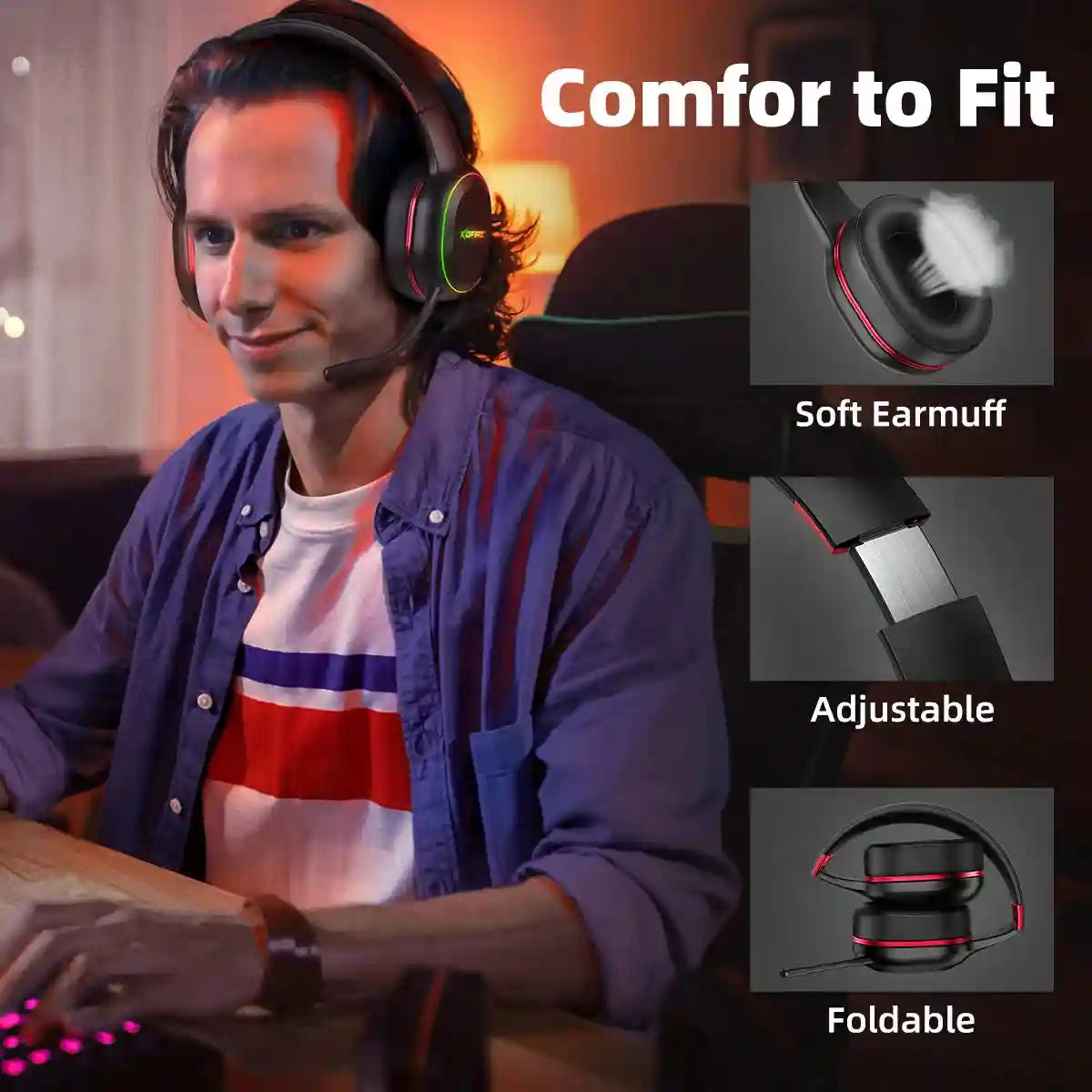 Wireless Gaming Headphones with Low Latency Audio and RGB Lights Tidesmit