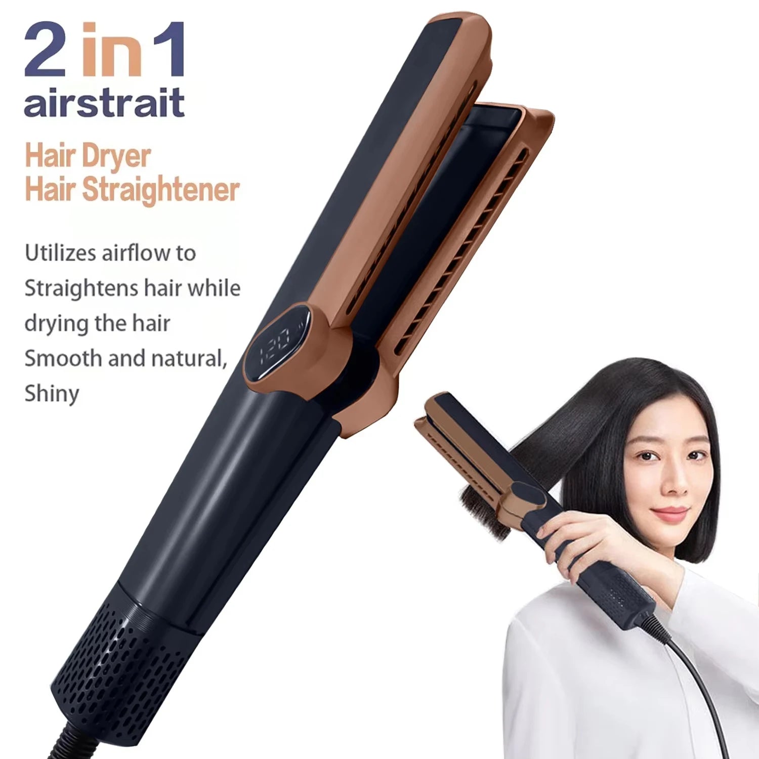 2in1 ionic hair dryer and straightener in black and bronze with digital LCD display for wet and dry hair styling.