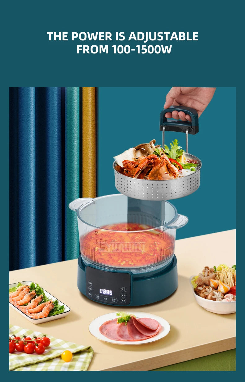 3L electric hot pot steamer with adjustable power base and lifting handle lid