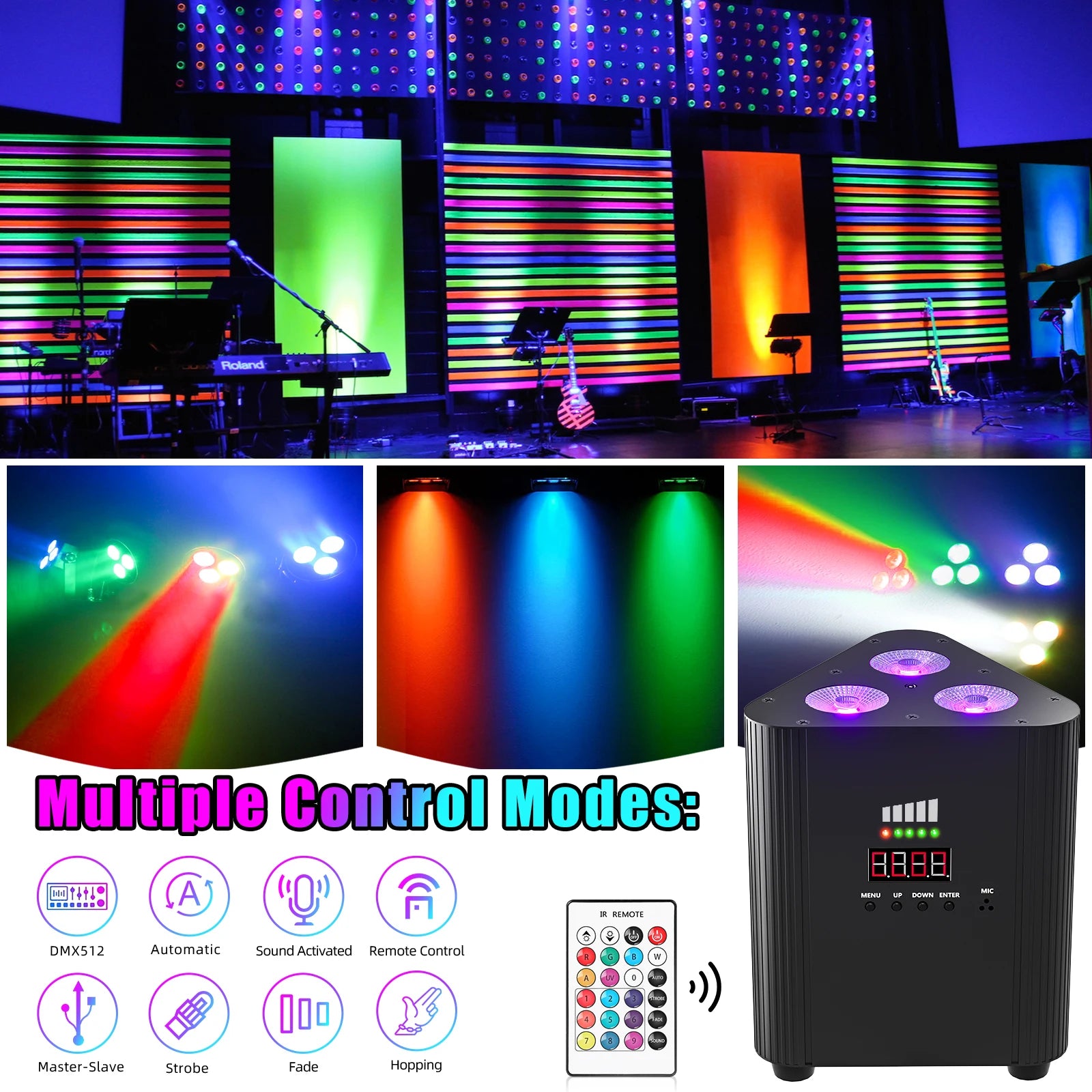 U'King 4PCS 4in1 RGBW LED Battery Par Light 3x4W Triangle Wash Wall Light DMX512 Wireless Effect Light for Concert Disco Party