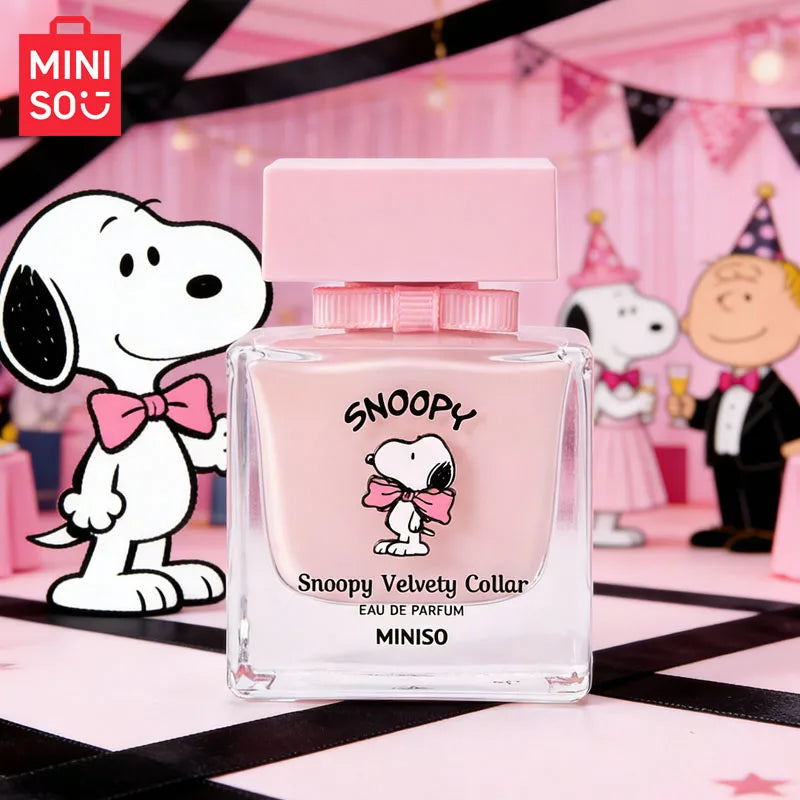 Miniso Snoopy Velvety Collar EDP, 50ml floral perfume for women in a square pink glass bottle with bow cap.
