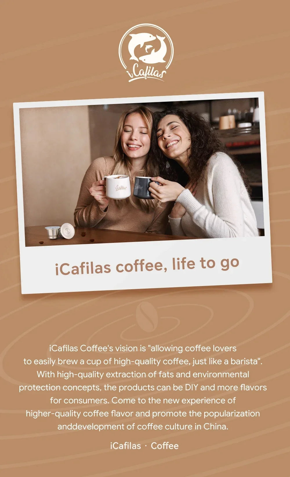 Two women drinking coffee with iCafilas reusable stainless steel coffee capsule pods in white and dark grey.