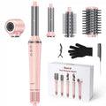 Bopcal 5-in-1 pink hair dryer brush set with curling attachments, styling comb, and glove for professional hair drying.