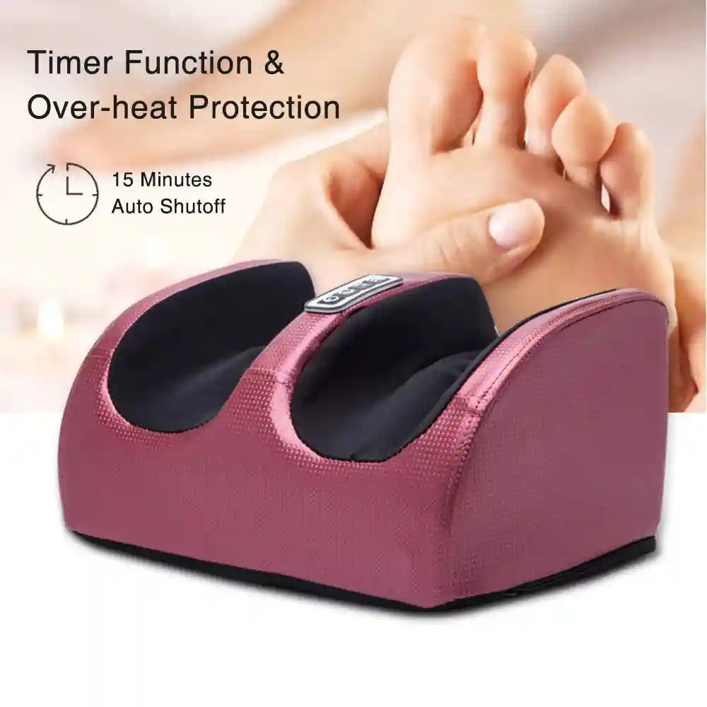 Electric shiatsu foot massager with heating, kneading rollers, and 15-minute auto-shutoff timer in metallic pink.