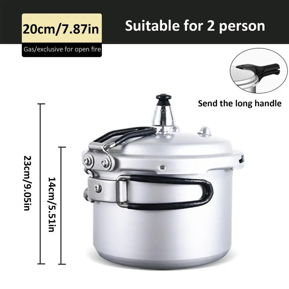 20cm portable pressure cooker for 2 people, long handle, silver pot with black carry straps