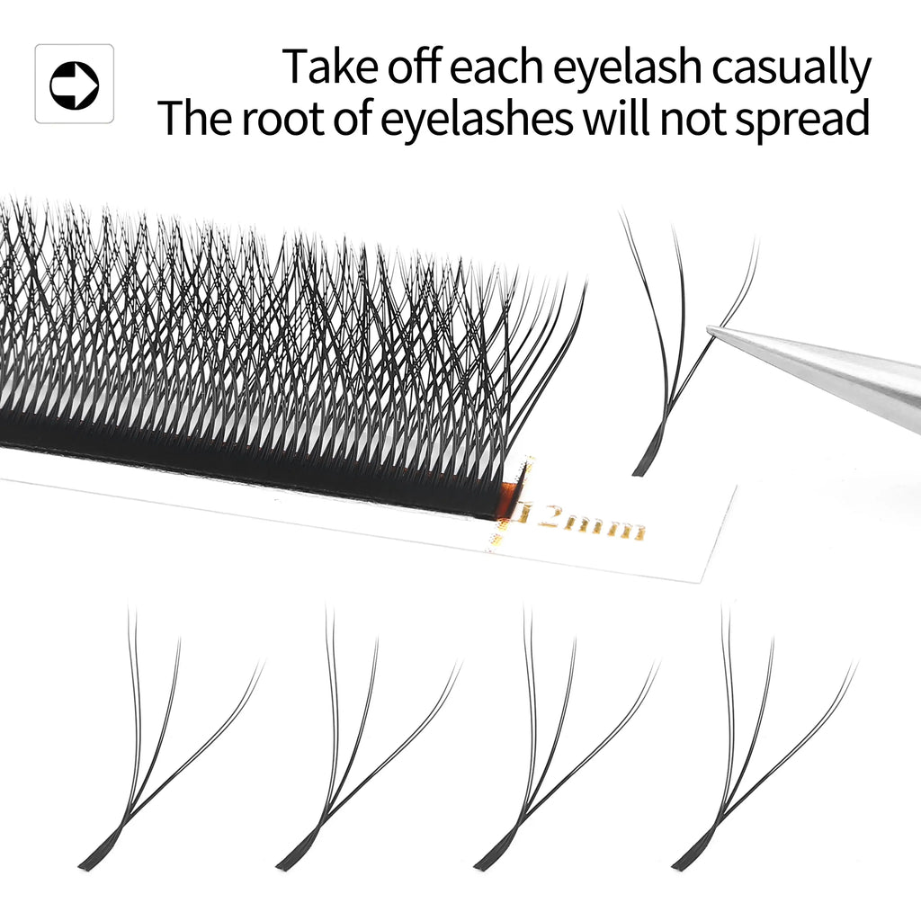 Black premade volume eyelash extensions in a strip with 4D fan clusters being picked up by metal tweezers.