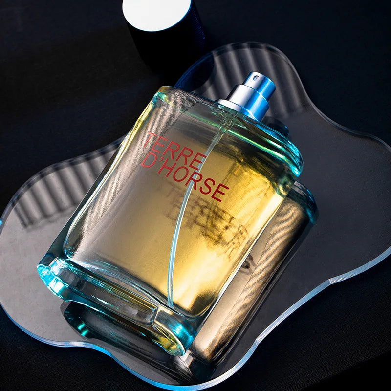 JEAN MISS Terre D'Horse men's woody fougere parfum. Rectangular glass bottle, long-lasting spicy, earthy cologne.