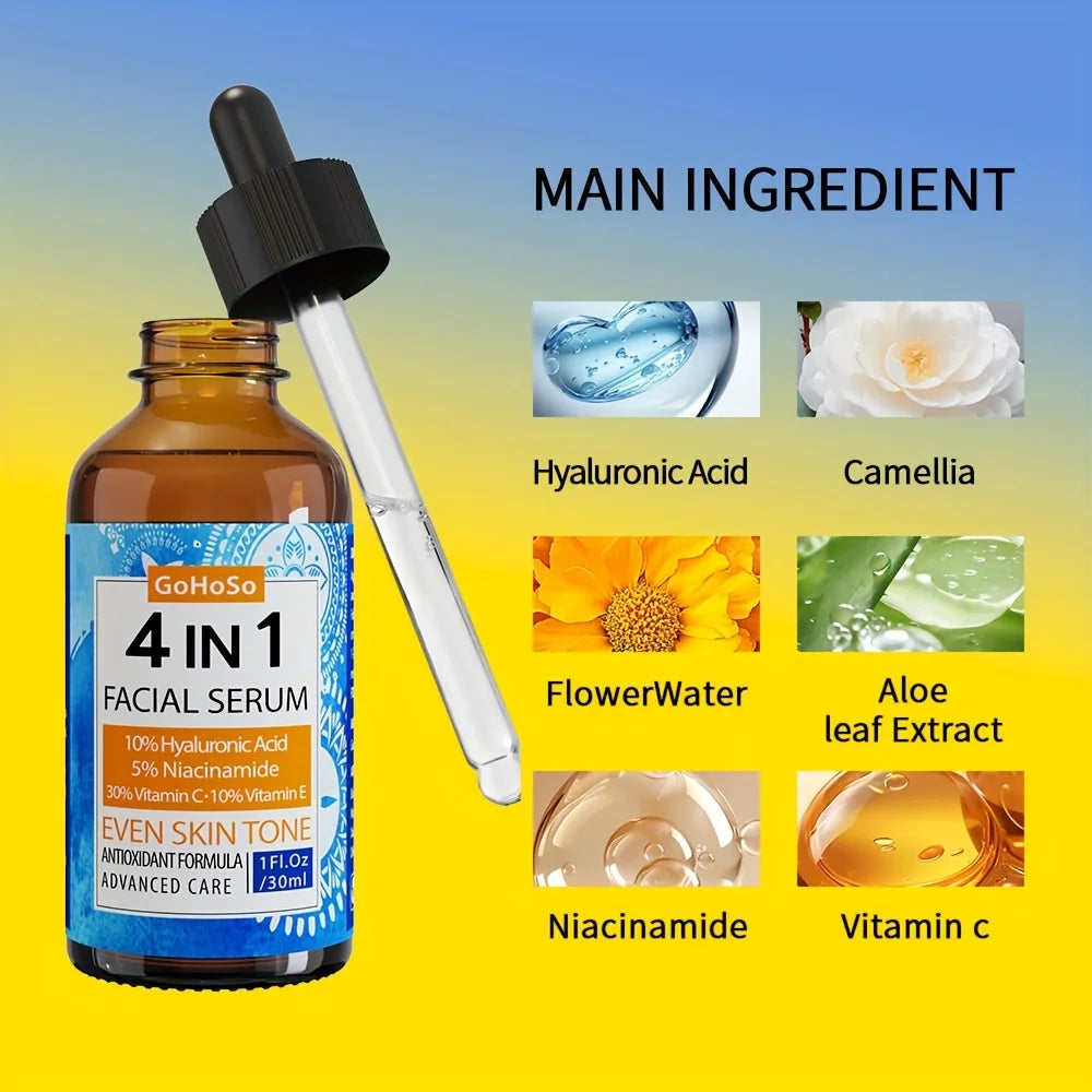 Envisha 4-in-1 Face Serum with Hyaluronic Acid, Niacinamide, and Vitamin C for anti-aging, moisturizing, and firming.
