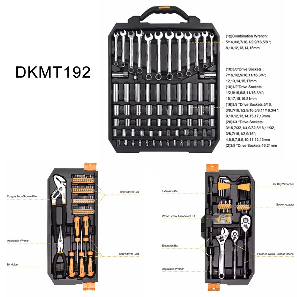 DEKO DKMT192 tool kit set with socket and screwdriver bits organizer in black