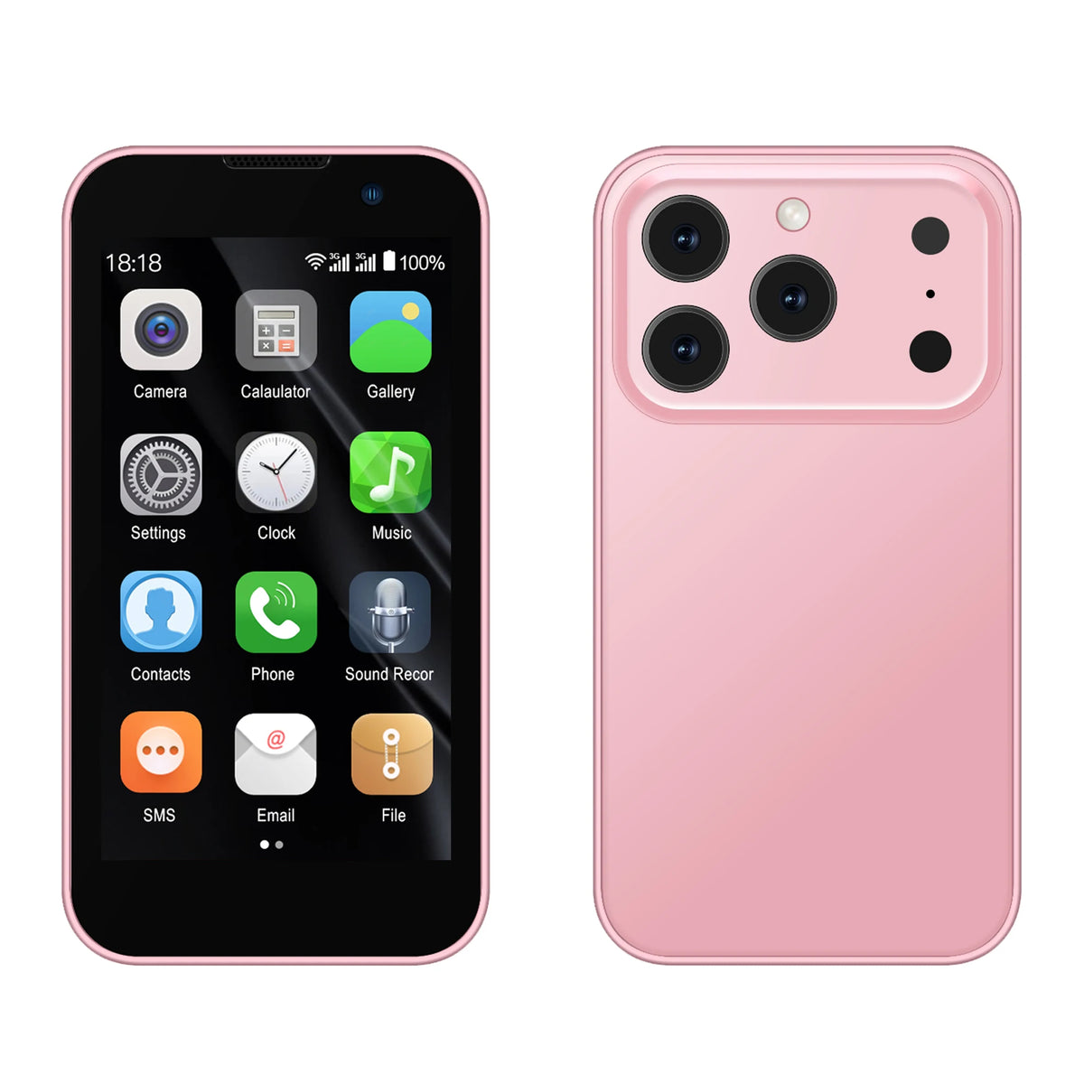 Pink mini Android smartphone, front and back view with triple rear camera
