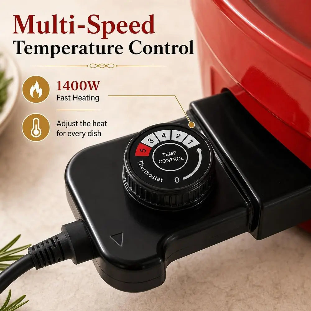 Electric hot pot temperature control knob on black power base, multi setting dial