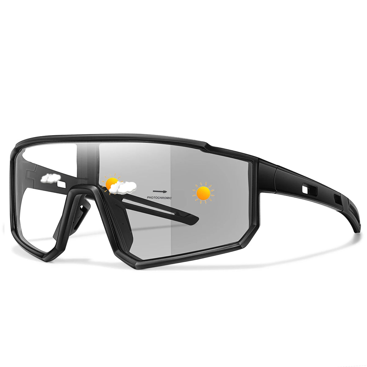 Black sports photochromic goggles with tinted shield lens and side protection