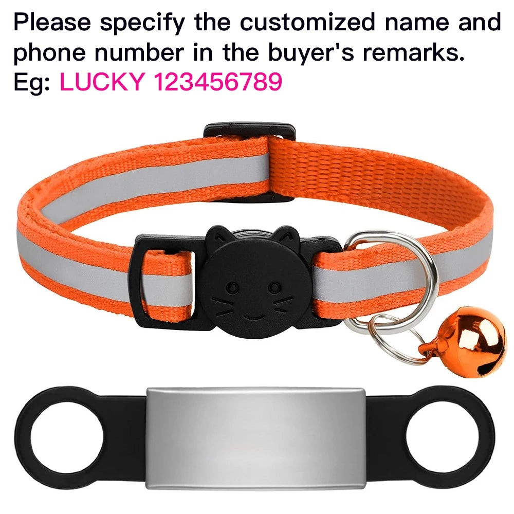 Customized orange reflective cat collar with anti-lost engraved ID nameplate, bell, and safety buckle for puppies.