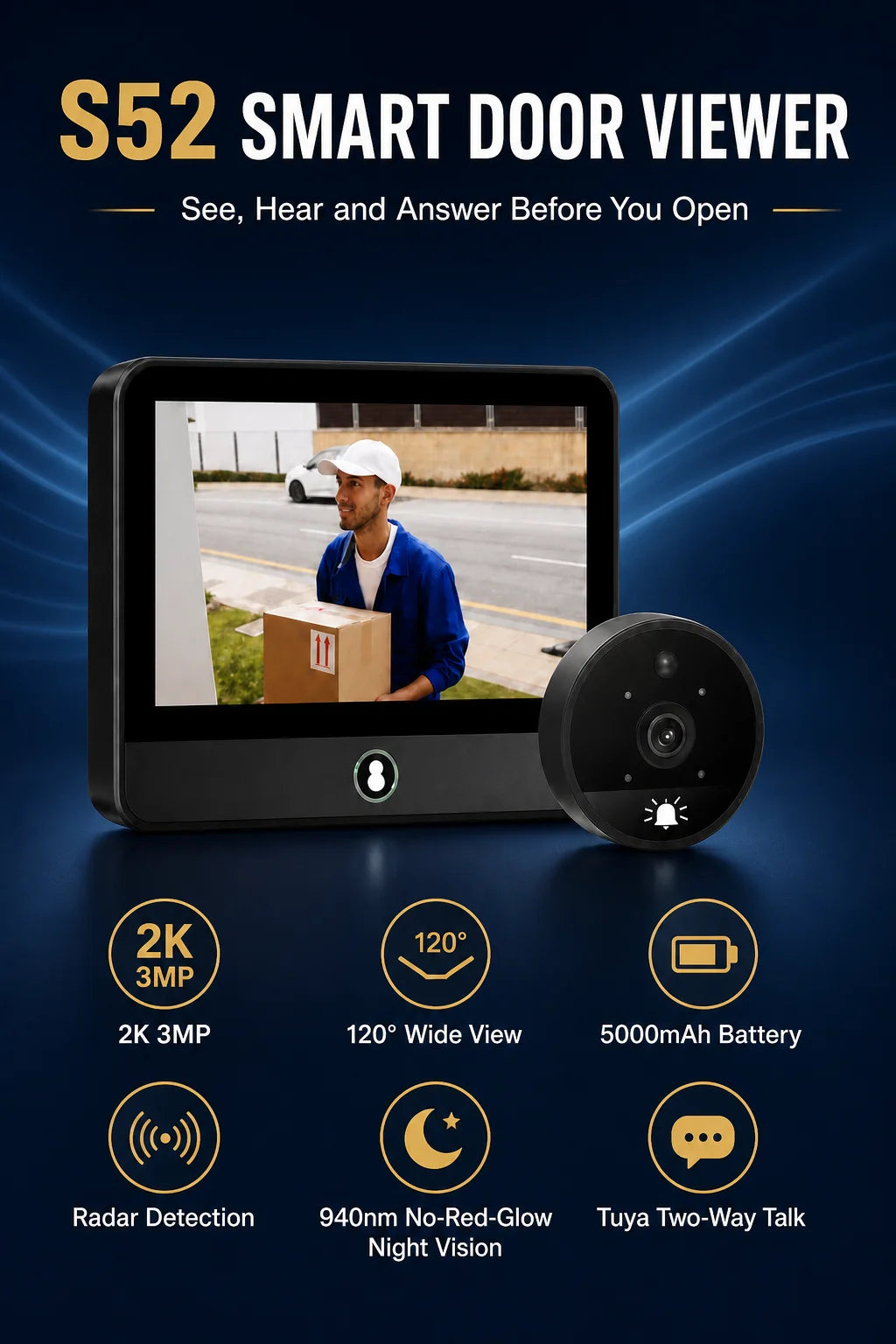 Danmini 4.3inch IR-CUT SmartLife Door Peephole Camera WiFi Tuya 2K 3MP 120° Doorbell Night Vision Digital Door Video Eye