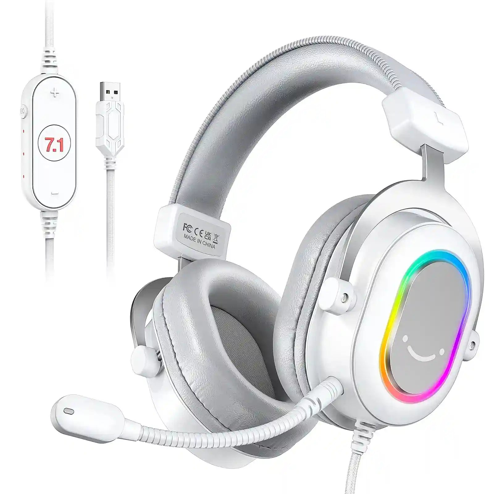 RGB Gaming Headset 7.1 Surround Sound - White Over-Ear Wired Headset WHITE Tidesmit