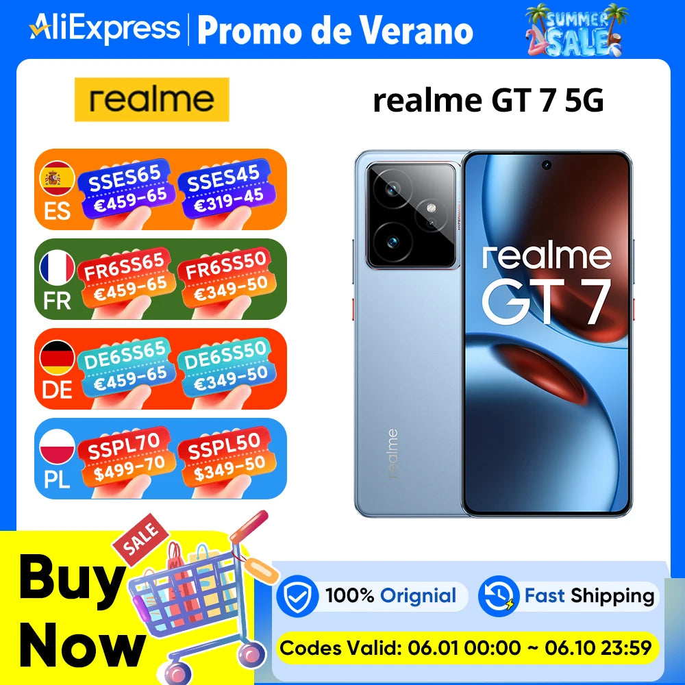 EU Version realme GT 7 5G Smartphone Mediatek Dimensity 9400e Chipset 6.78inches AMOLED 7000mAh 120W Fast Charging
