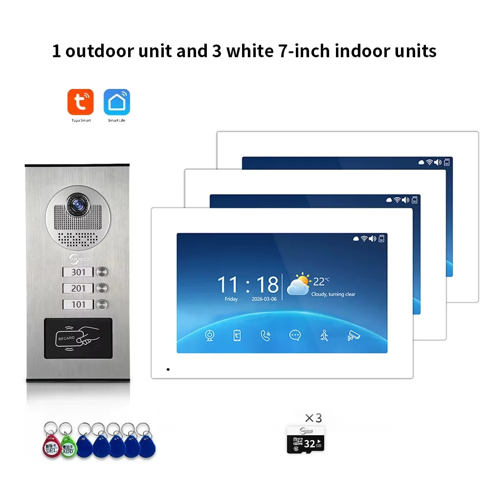 7-inch WiFi video door intercom kit with 3 white indoor monitors and 1 outdoor unit