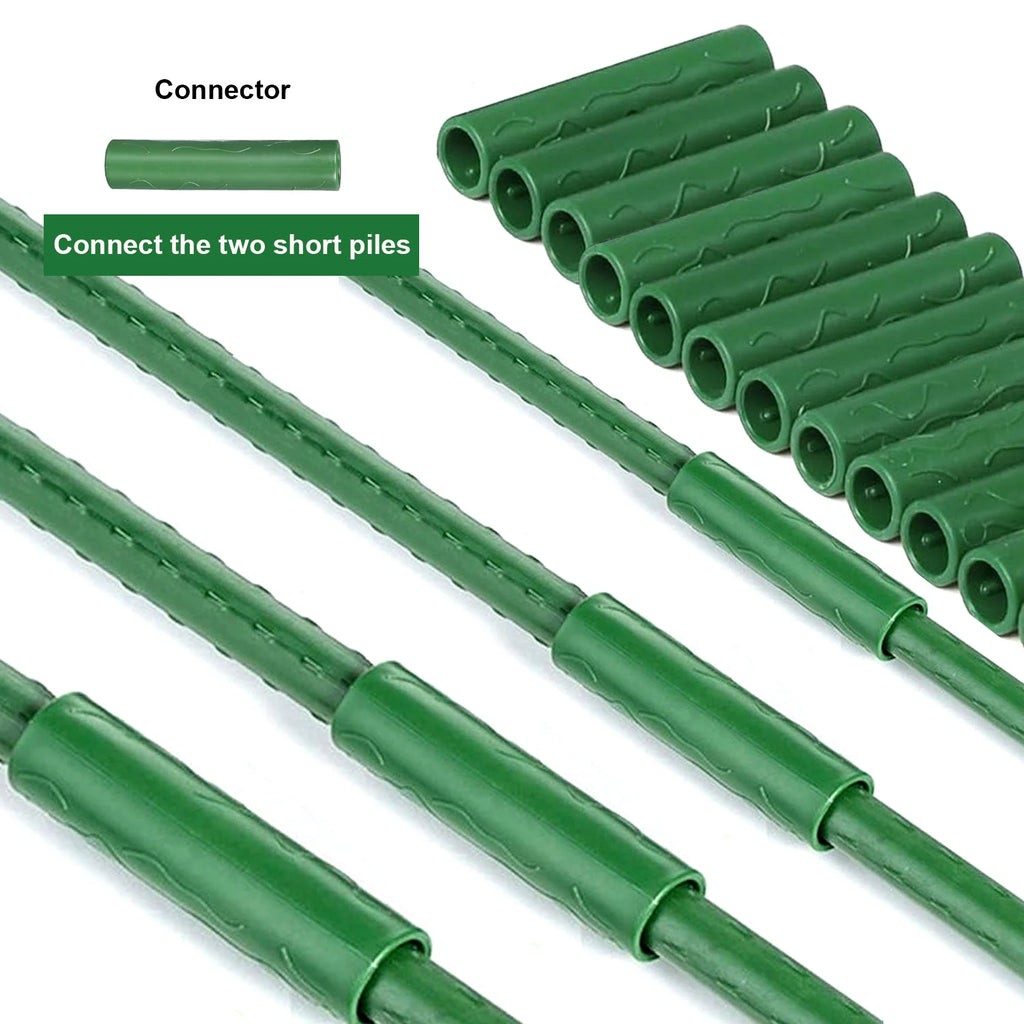 Green connector sleeves and plant support tubes for connecting two short piles, multiple pieces