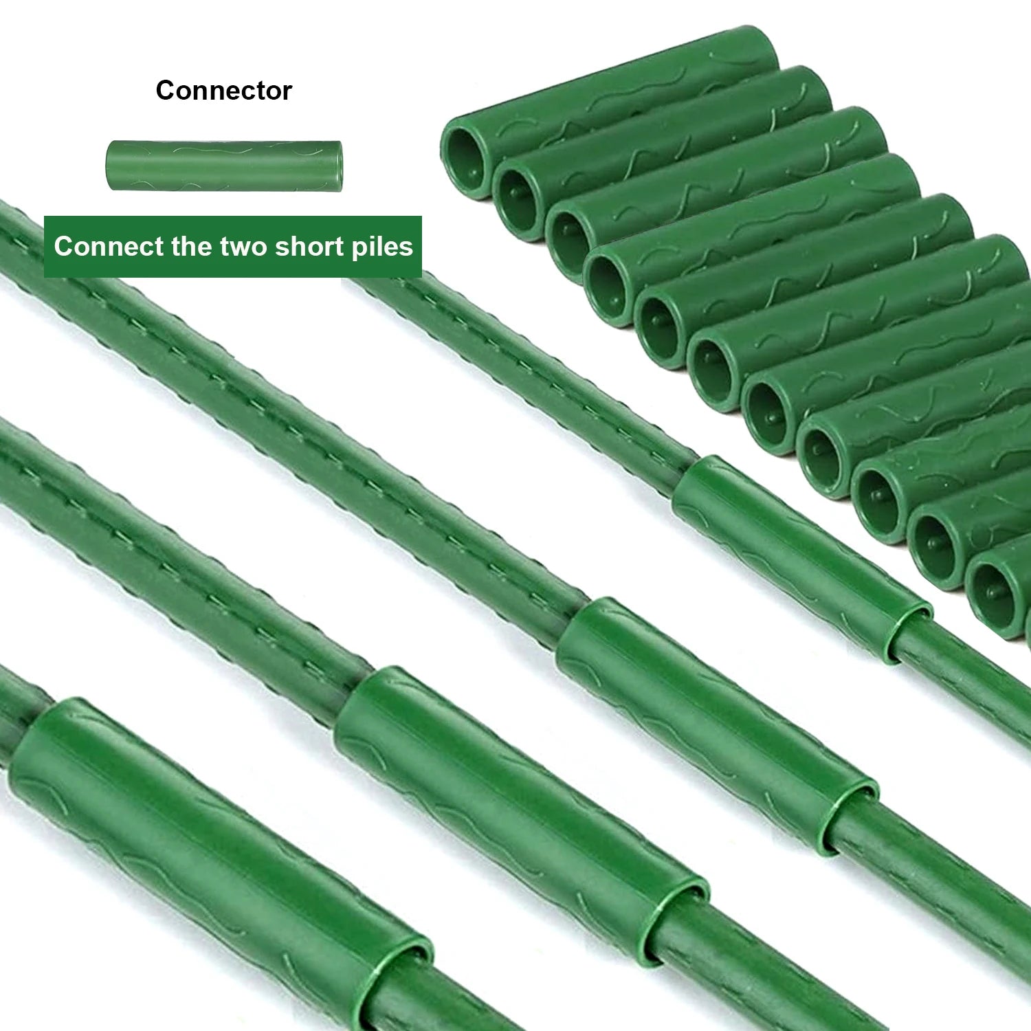 Green connector sleeves and plant support tubes for connecting two short piles, multiple pieces