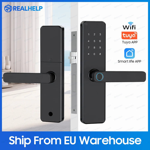 Black 5-in-1 smart door lock with touchscreen keypad, fingerprint sensor, and lever handle