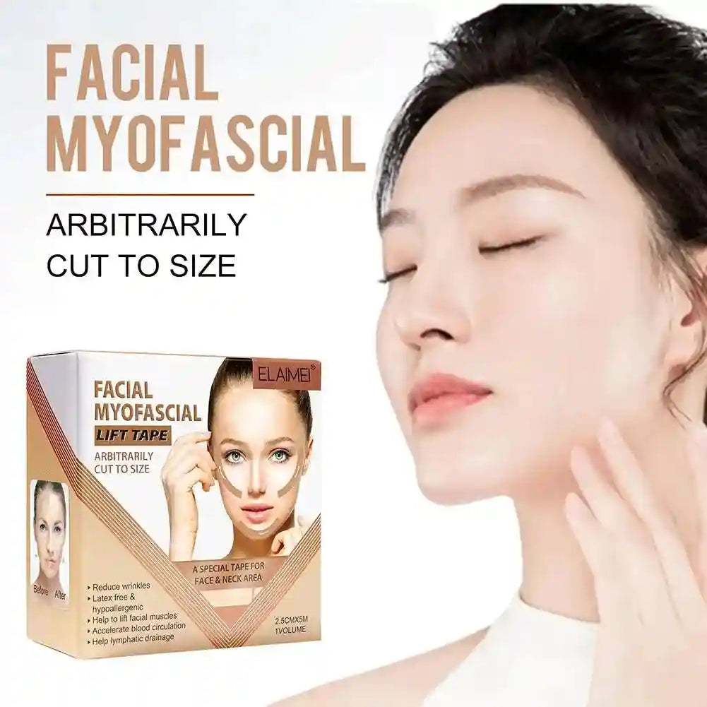 A box of beige facial myofascial lift tape featuring a model with tape applied to her face and neck for lifting.