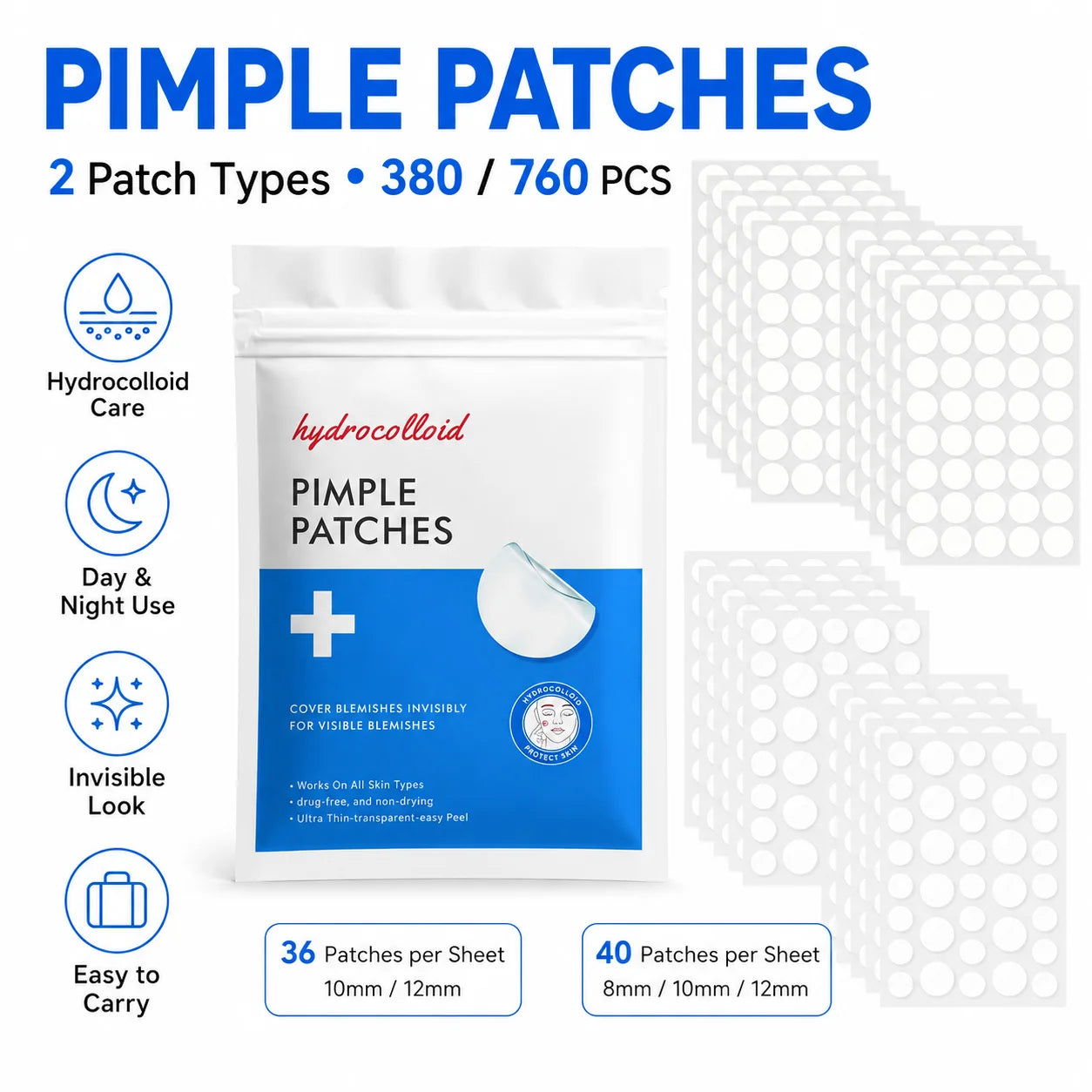380/760pcs Hydrocolloid Pimple Patches, 2 Round Dot Types, Invisible Spot Cover Stickers, Day Night Use