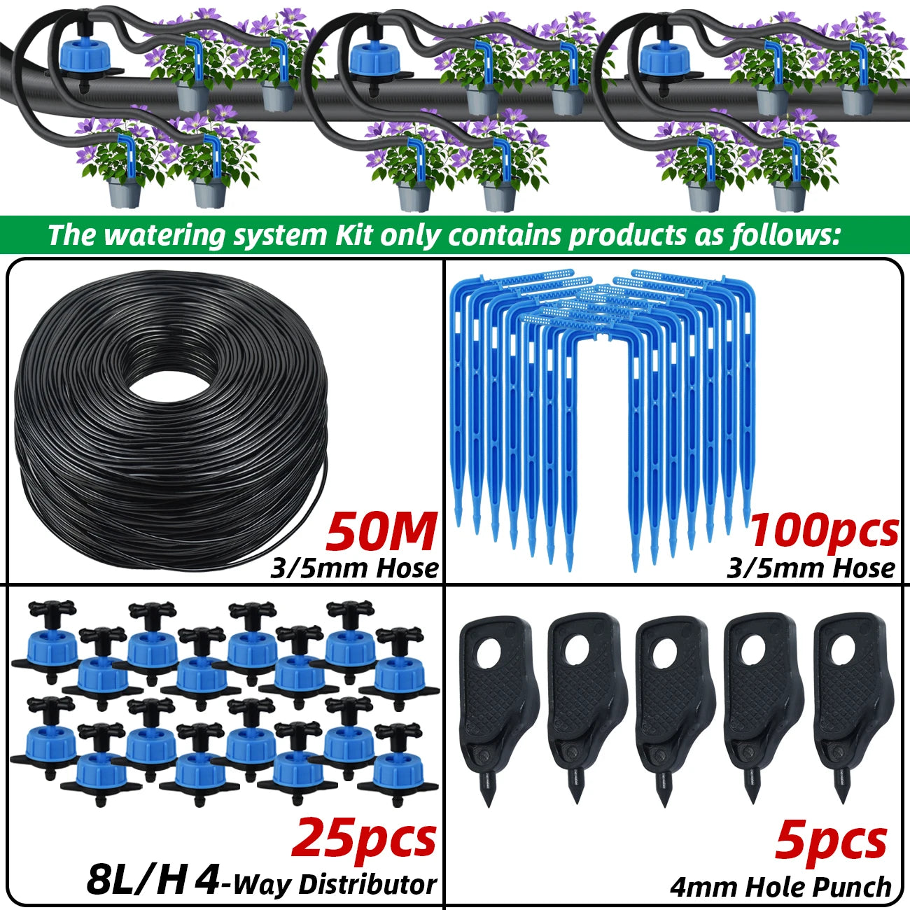 Watering system kit contents: 50m hose, 8L 4-way distributor, 100 blue drippers