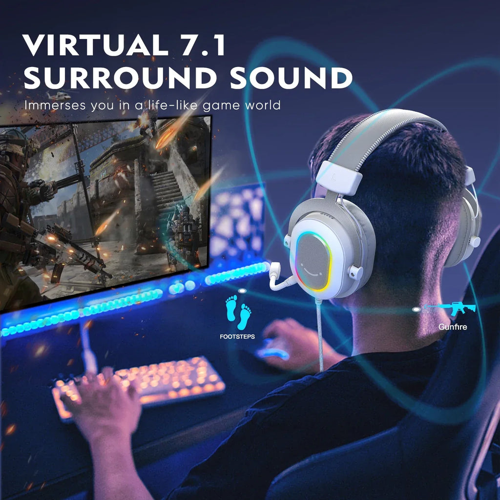 FIFINE RGB Gaming Headset with 7.1 Surround Sound/3-EQ/MIC,Over-ear Headphone with In-line Control for PC PS4 PS5 Ampligame-H6W Tidesmit