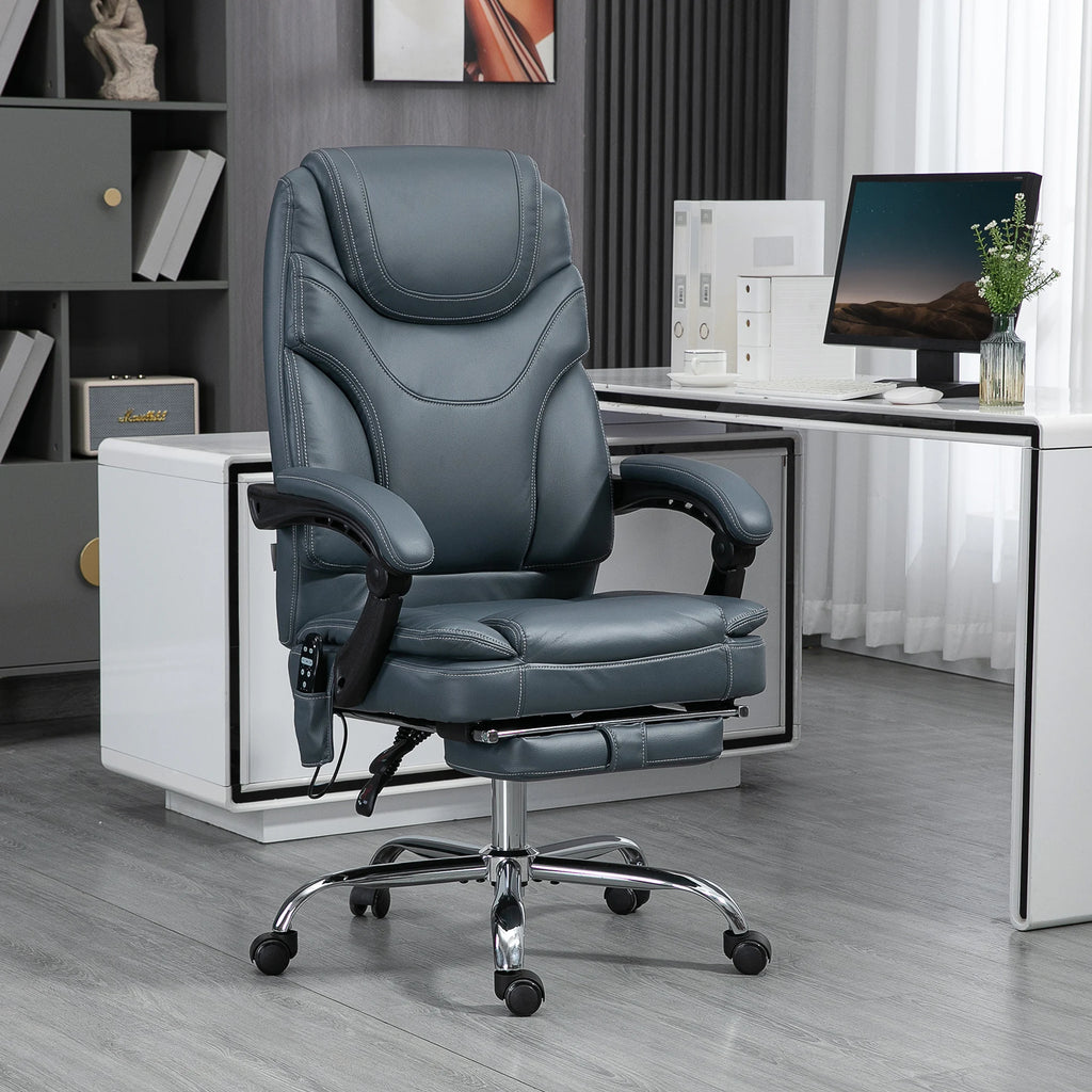 Gray ergonomic massage recliner chair with padded armrests and chrome swivel base