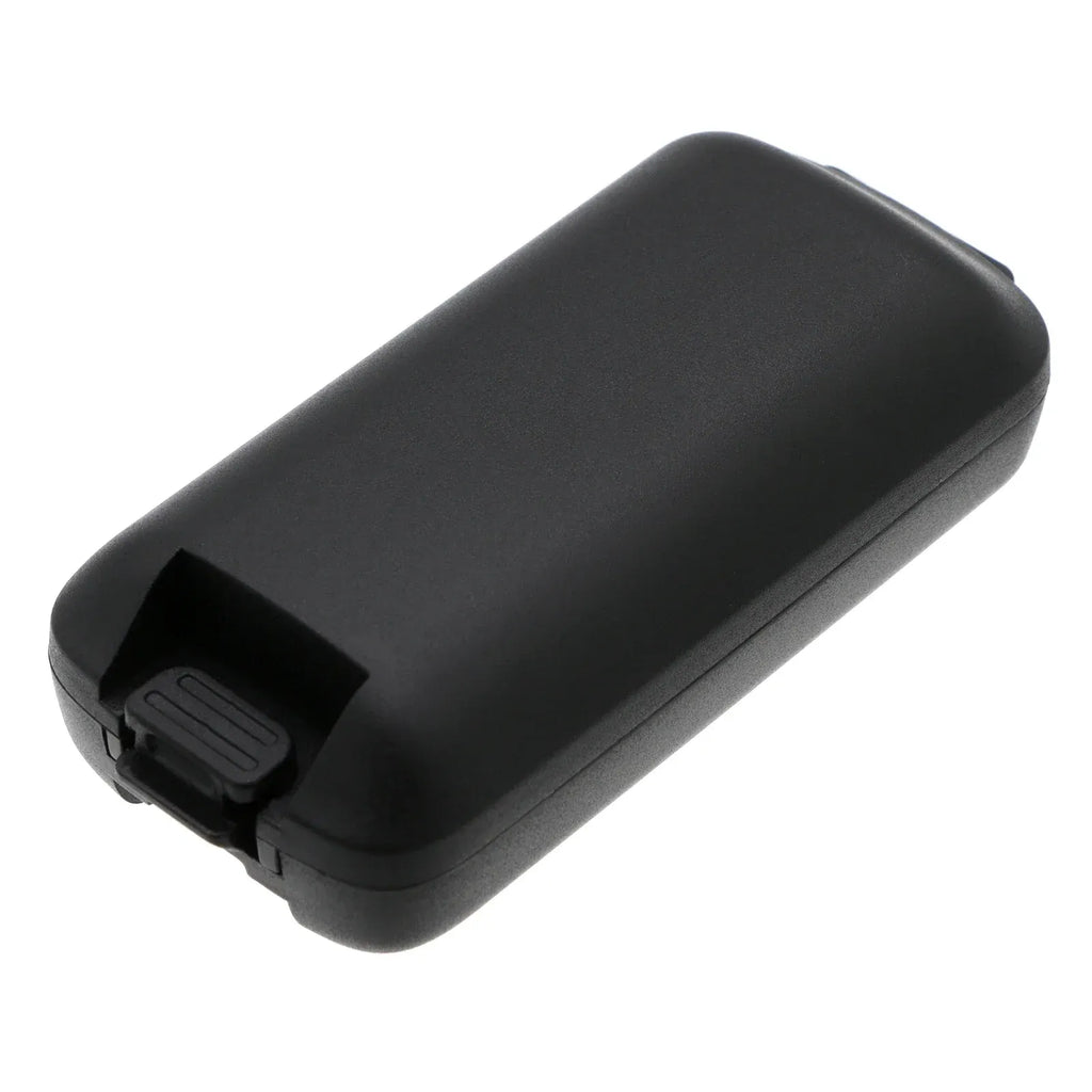 Black battery pack with side latch tab visible, rounded rectangular shape
