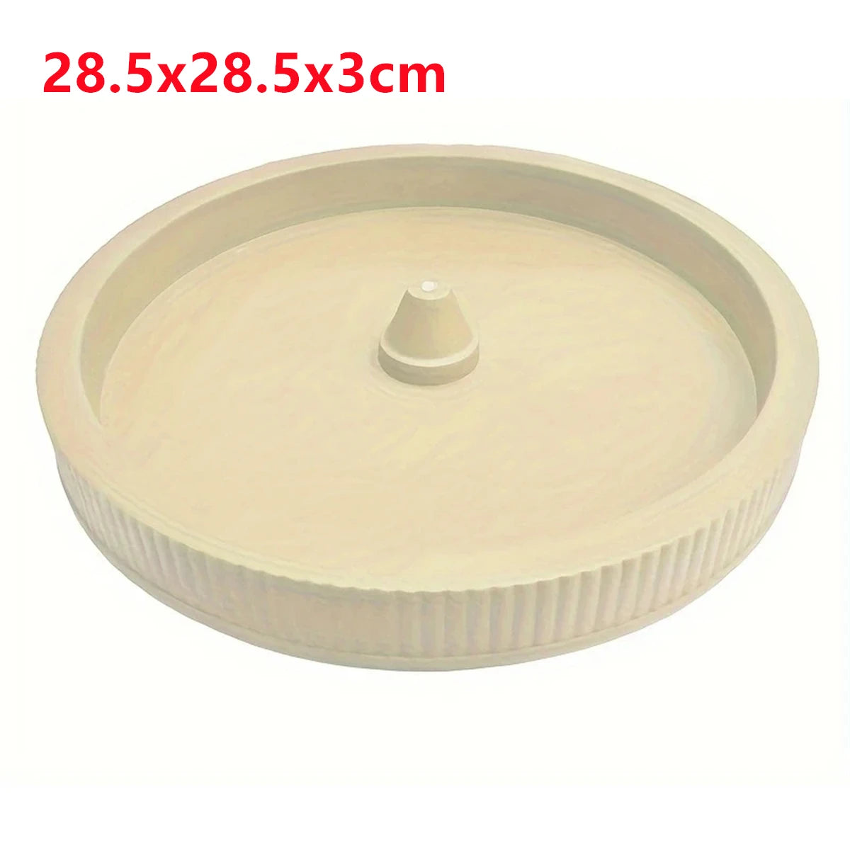 Cream round planter tray with ribbed sides and central raised stand opening.