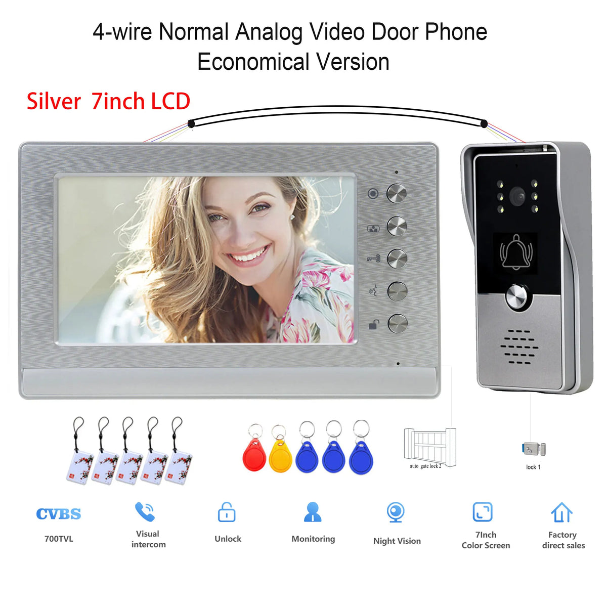 Silver 7-inch LCD 4-wire video door phone monitor with outdoor RFID door unit kit