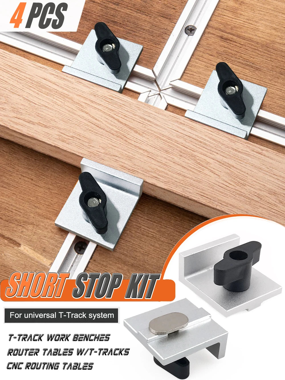 4 Pcs Silver Short Stop Kit with Knobs T Track Stop Block for T-Track Woodworking Sanding and Routing