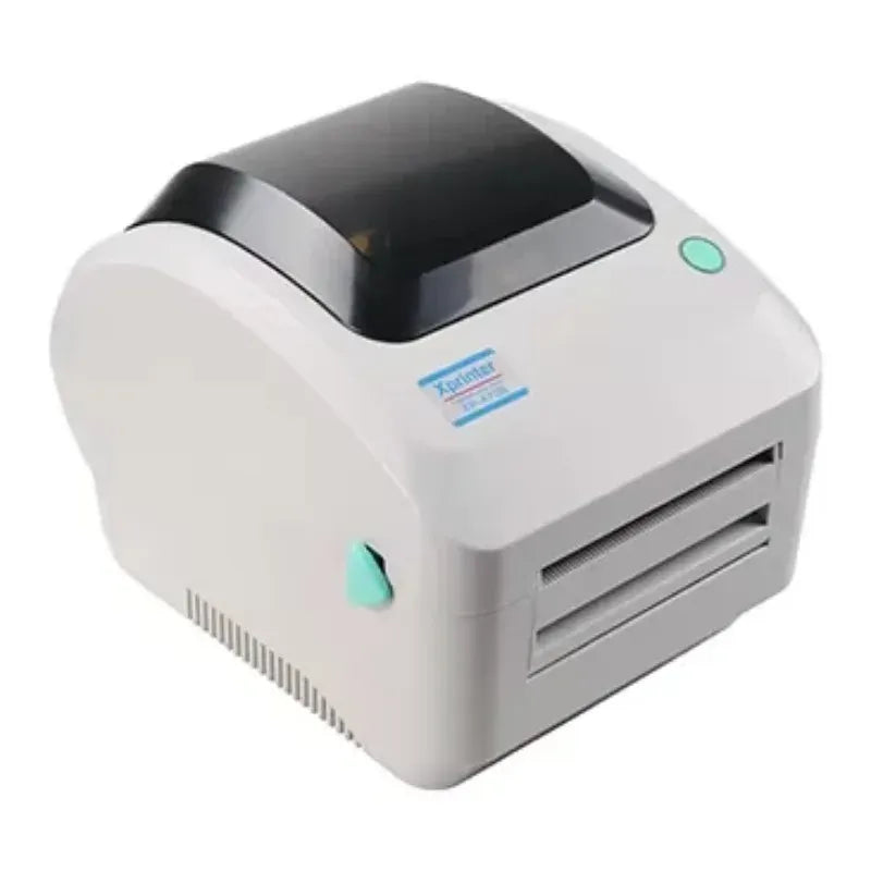 White desktop thermal label printer with top cover and front label feed slot