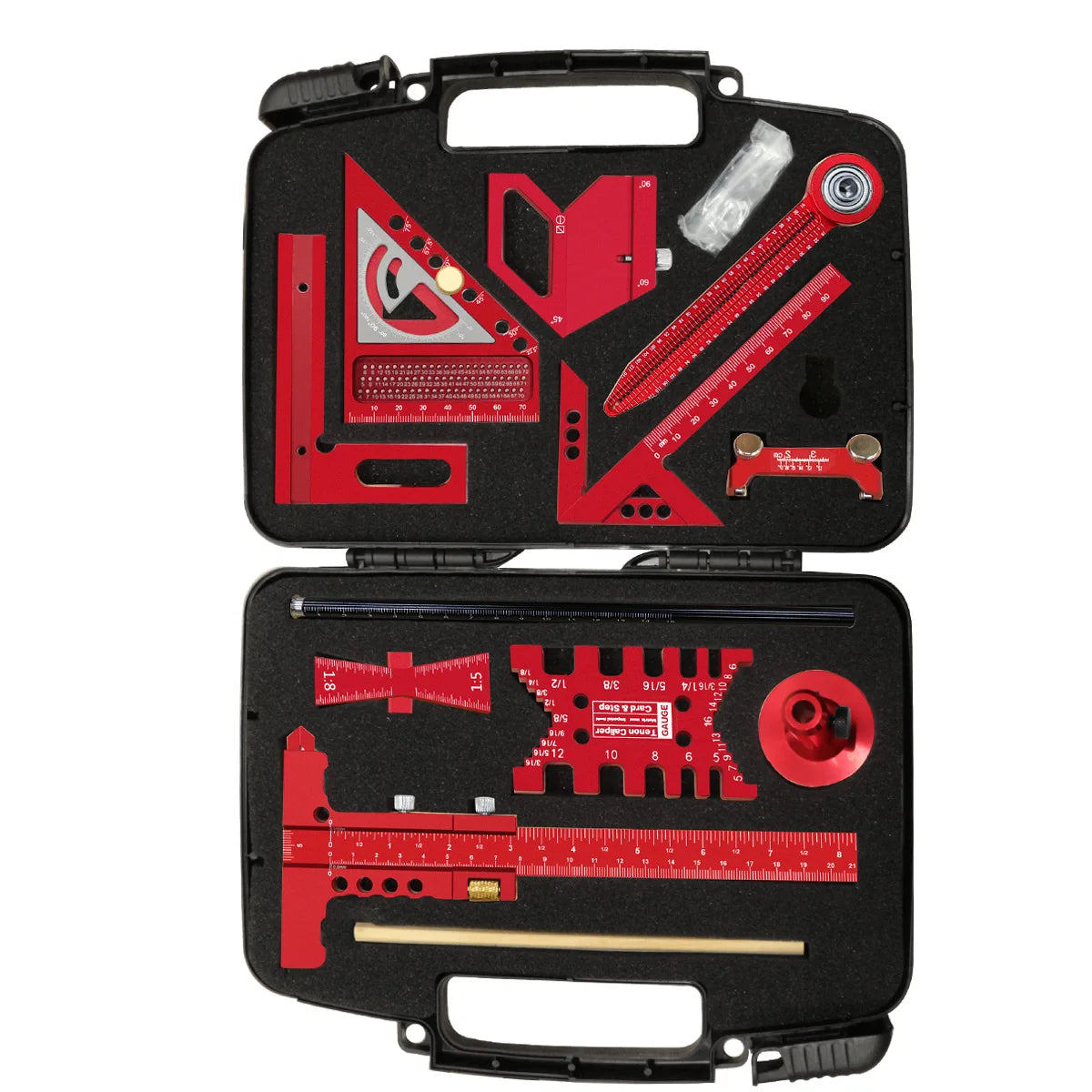 10pcs Woodworking Square Kit with Box, Aluminum Scribeing Ruler,Center Finder,Circular Drawing Compass,Honing Guide,Height Gauge