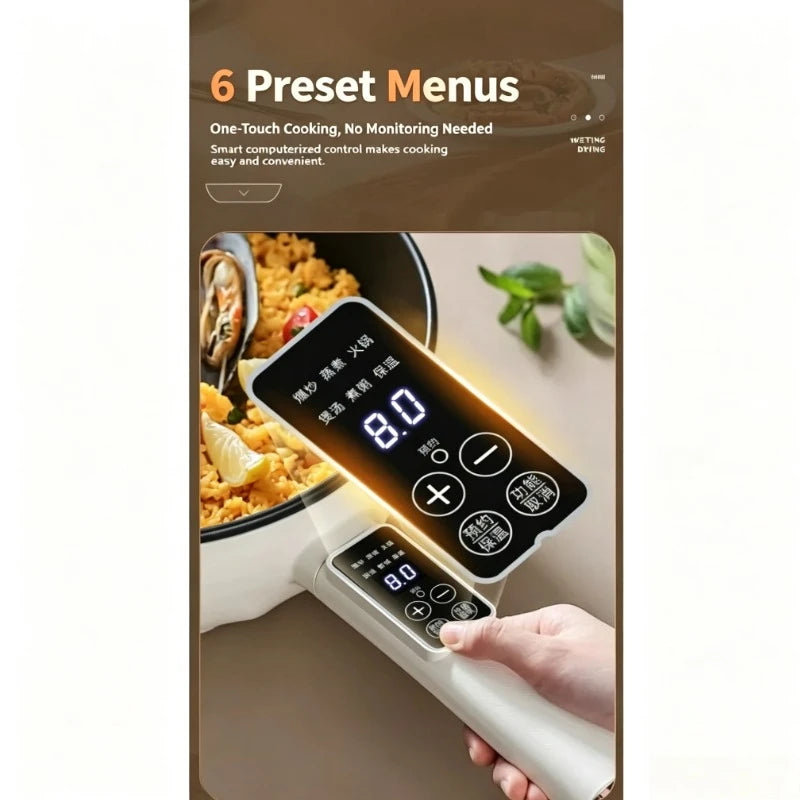 Electric nonstick cooking pot with touch control panel and display, shown with hand