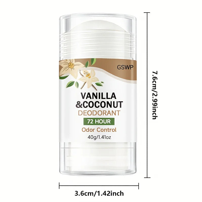Tidesmit GSWP vanilla and coconut aluminum-free deodorant stick for 72-hour light, non-greasy fragrance protection.