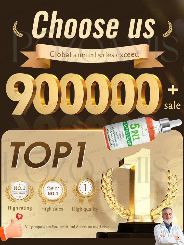 30ml bottle of 5-in-1 facial serum with an orange label and dropper, highlighted in a promotional sales graphic.