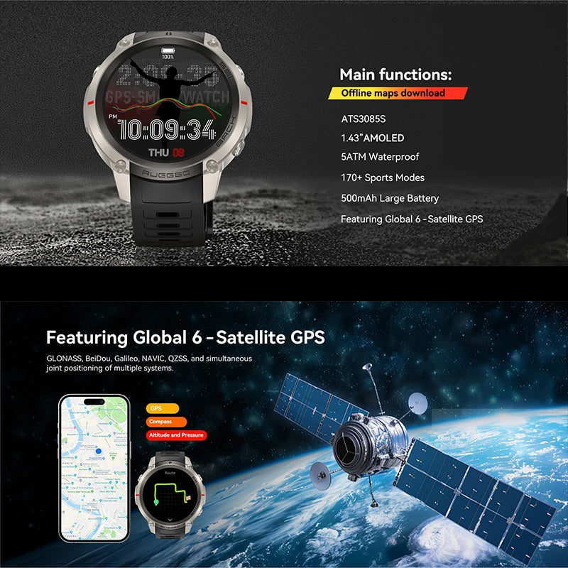 2026 New Outdoor GPS Smart Watch Map Compass Navigation 5ATM Waterproof Bluetooth Call 100+Sport Mode Men AMOLED HD Smart Watch