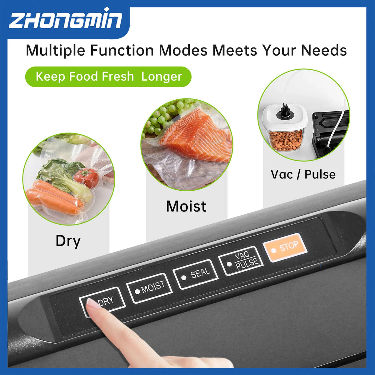 ZHONGMIN Vacuum Sealer Machine, 4-in-1 Food Saver with Built-in Cutter & Roll Storage, -60kPa Strong Suction, Dry/Moist/Pulse Se