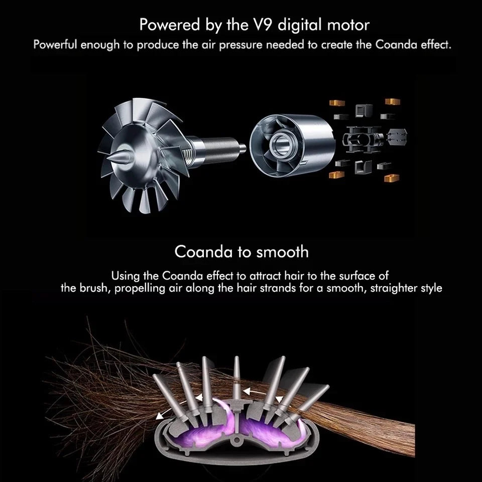 6-in-1 hair styler V9 digital motor schematic showing Coanda effect air styling technology for smooth hair results.