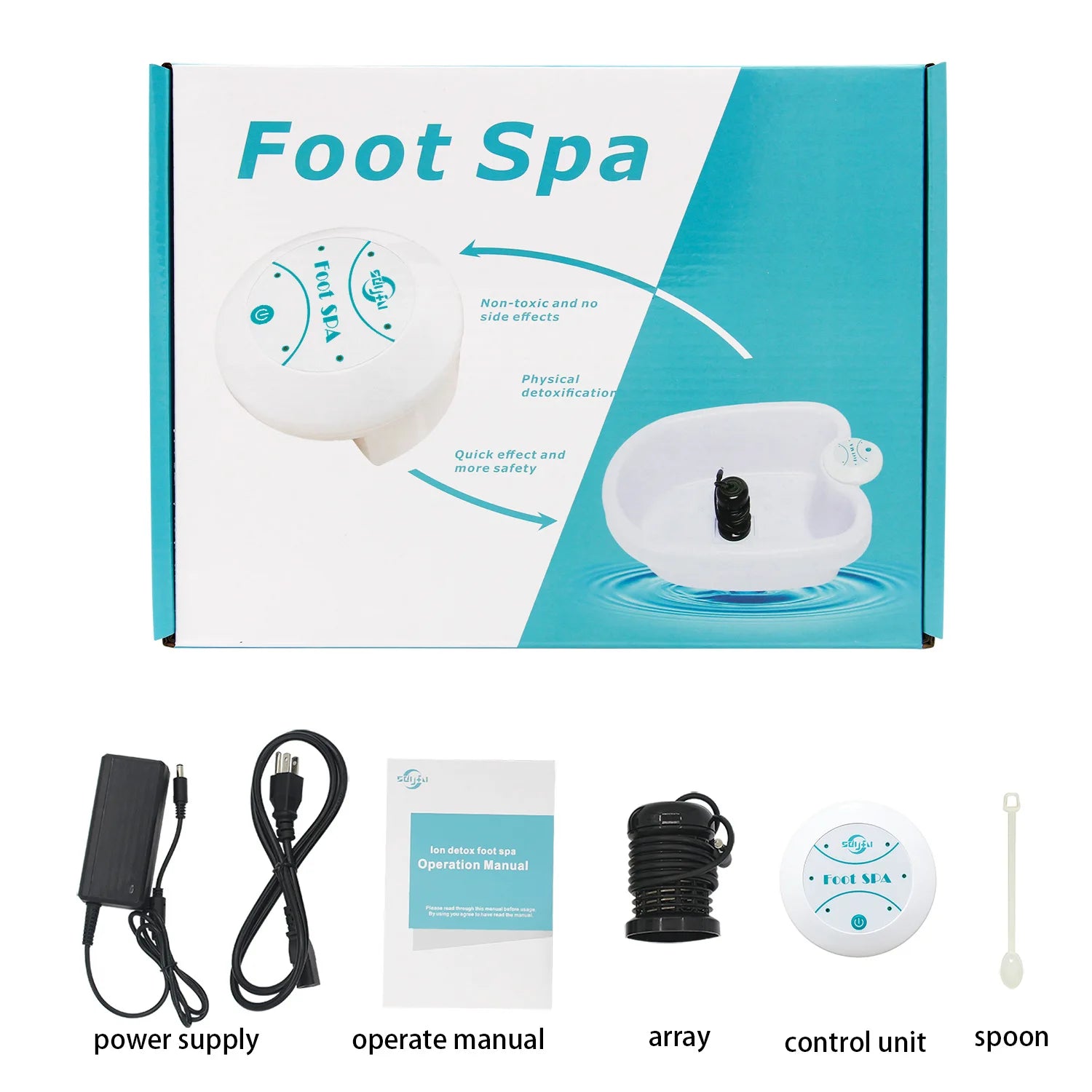 Ionic detox foot spa bath machine set with control unit, array, power supply, and manual in blue and white box.