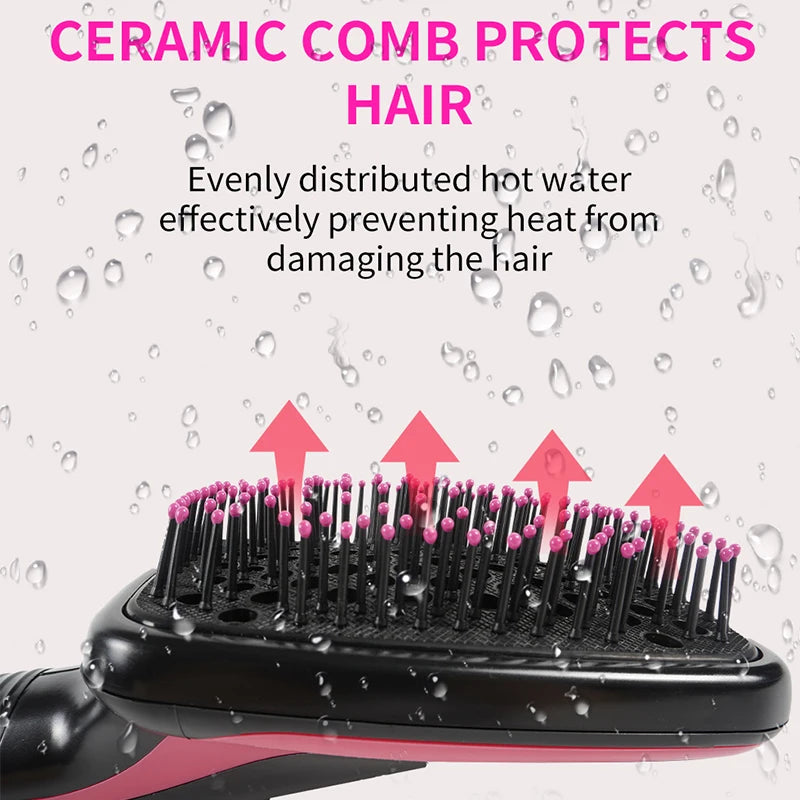 Ceramic one-step hair dryer brush with black and pink design, featuring protective heat-distributing comb bristles.