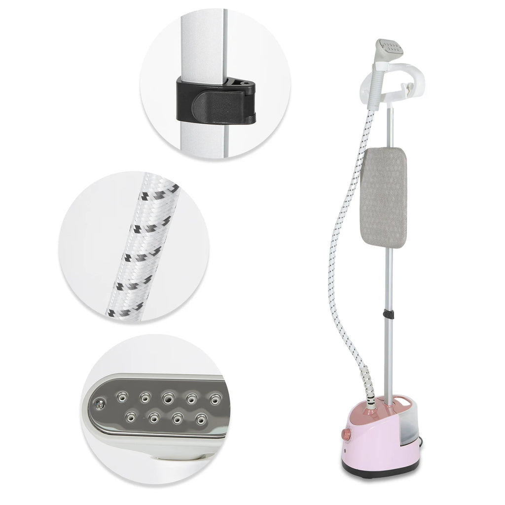 Tidesmit light pink standing garment steamer showcasing dual flat and hanging ironing modes for laundry convenience