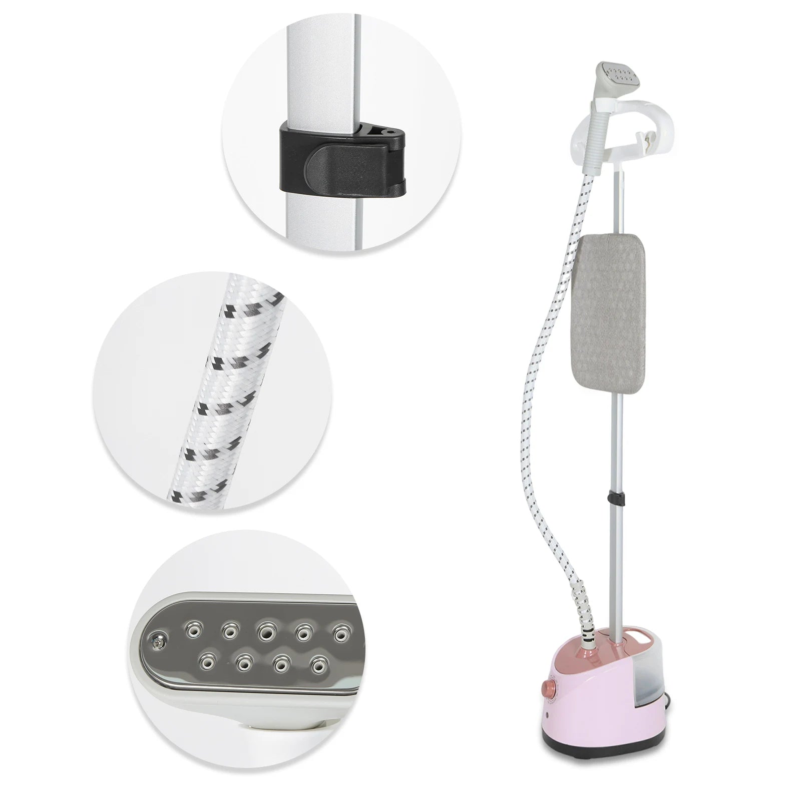 Tidesmit light pink standing garment steamer showcasing dual flat and hanging ironing modes for laundry convenience