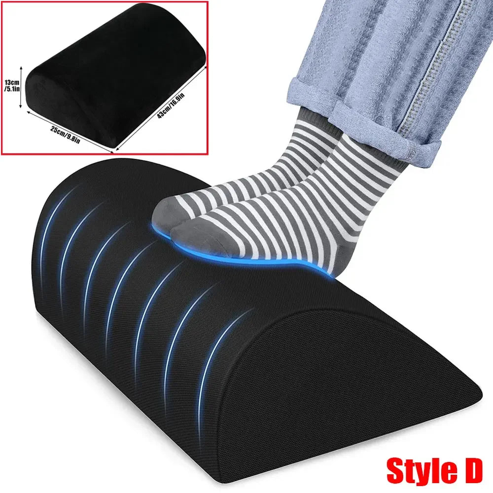 Black ergonomic under desk footrest pillow for work, with dimensions for pain relief and comfortable leg support.