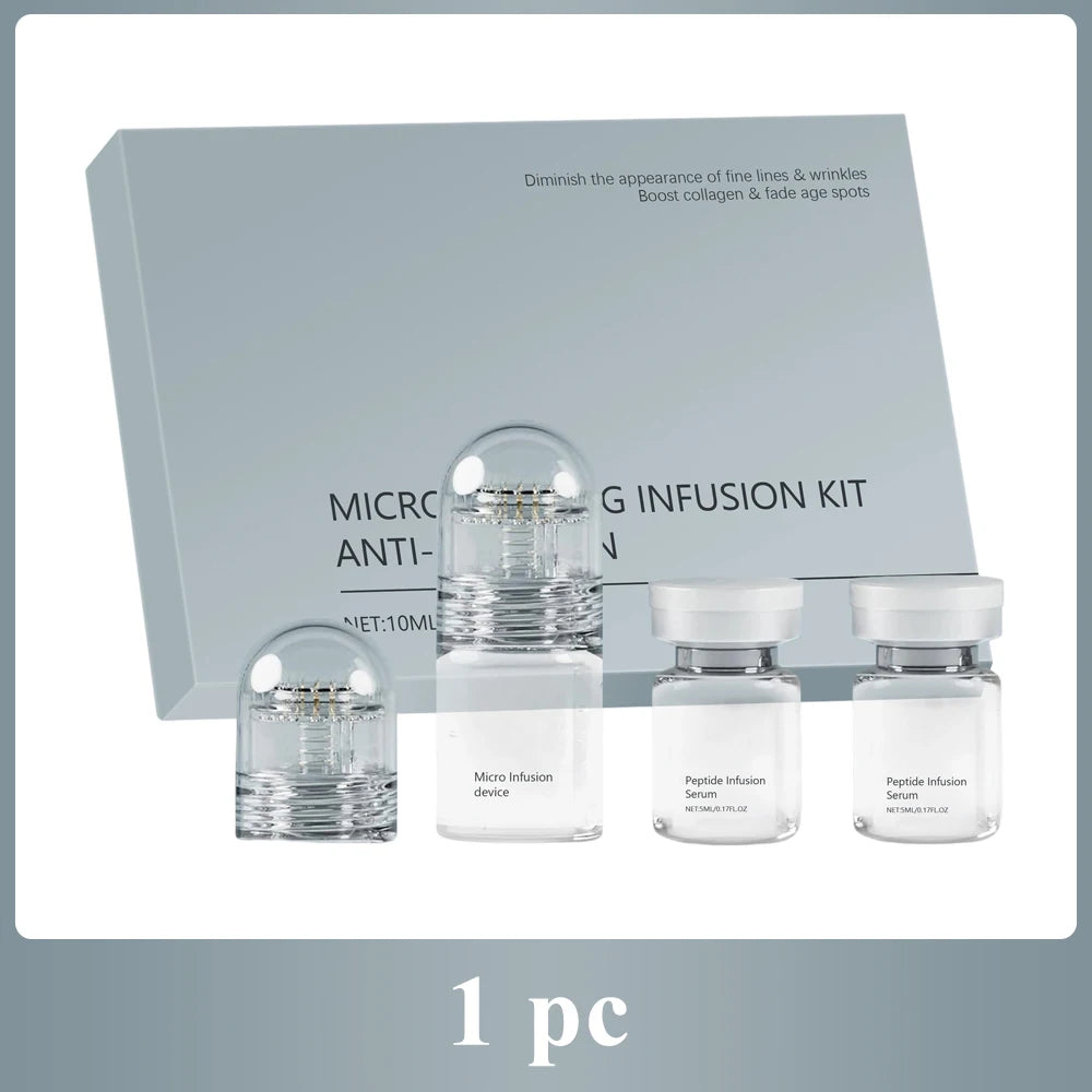 Anti-wrinkle infusion kit with a grey box, two clear microneedle devices, and two small bottles of peptide serum.